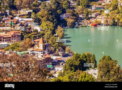 Aerial view of Nainital cityscape with famous Nainital lake considered ...