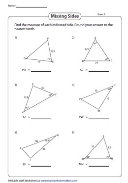 The Law of Cosines Worksheets