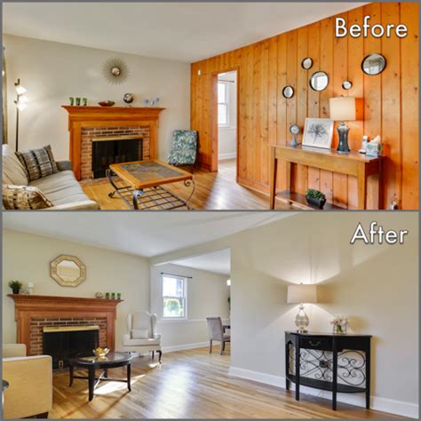 #homestaging before and after #livingroom. Paneling removal, dry wall ...