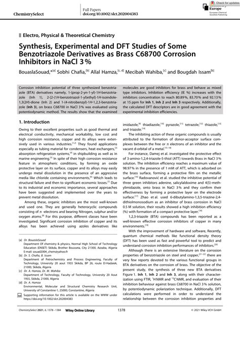 (PDF) Synthesis, Experimental and DFT Studies of Some Benzotriazole Derivatives as Brass C68700 ...