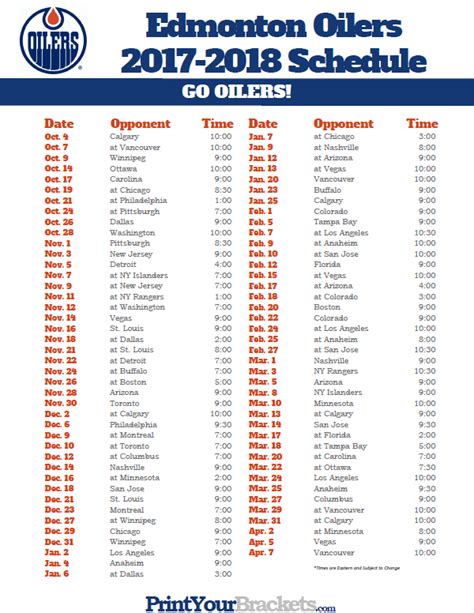 Edmonton Oilers Schedule Printable - WENSDO