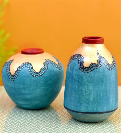 Buy Golden Glaze (Set Of 2) Blue Terracotta Table Vase at 38% OFF by Aakriti art creations ...