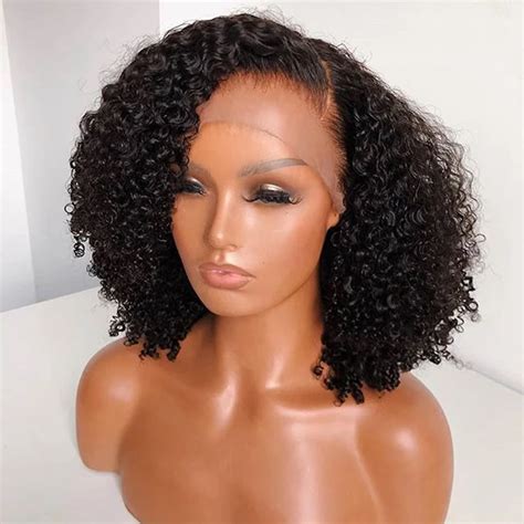 Short Synthetic Wigs Kinky Curly Lace front Wig for Women Side Part Available Black Natural ...