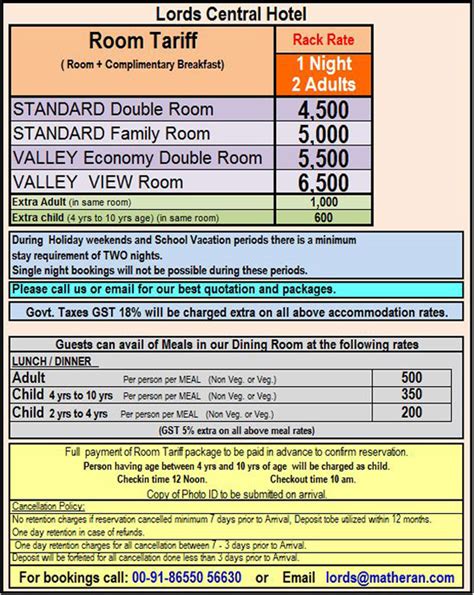 Lords Central Hotel, Matheran - Rooms/Tariff