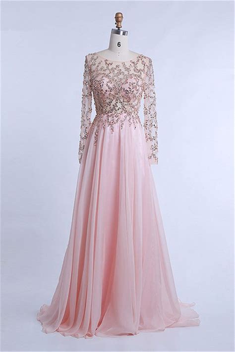 Elegant Sheer Long Sleeve Light Pink Chiffon Tulle Beaded Prom Dress