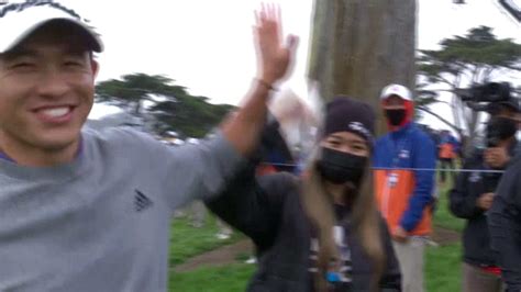 Collin Morikawa's awkward hug/high-five gaffe with girlfriend after PGA win