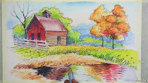 Ink & Watercolor Pencil Painting | Painting Autumn Trees & House Landscape - YouTube