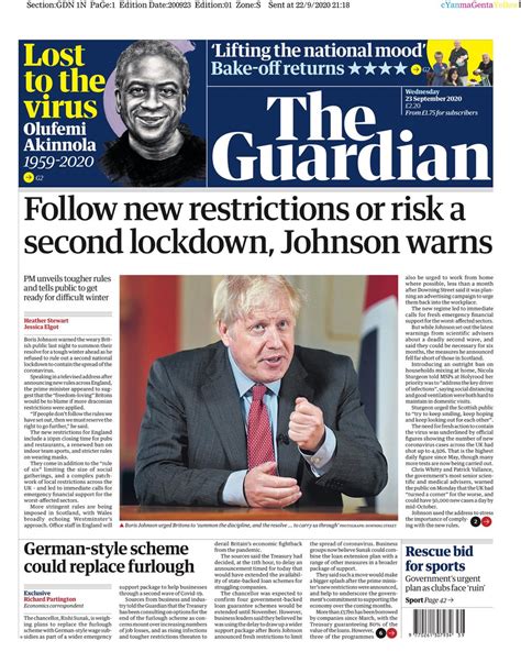 Guardian Front Page 23rd of September 2020 - Tomorrow's Papers Today!