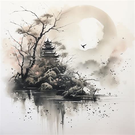 Premium AI Image | Handmade Japanese Landscape Ink Wash Painting