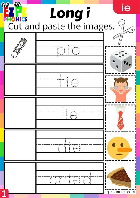 IE Words Cut And Paste The Images Long I Phonics Worksheet ...