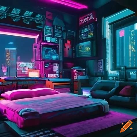 Cyberpunk-themed bedroom on Craiyon