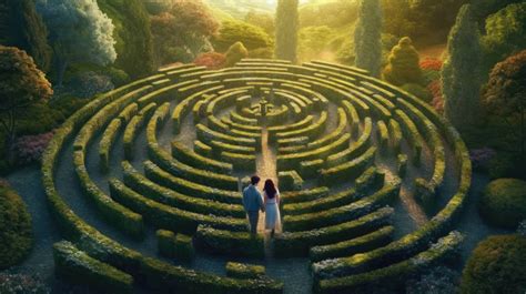 A 4K ultra hd wallpaper portraying a heart-shaped garden maze with tall hedges, with a couple ...