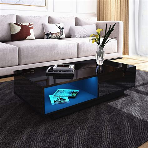 Modern High Gloss Coffee Table with Drawers, LED Sofa Side End Desk Living Room Furniture, Black ...