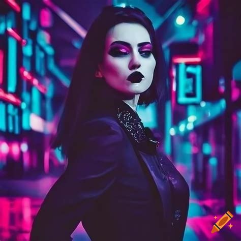 Gothic art of a rebellious woman in vest and tie against a neon city ...