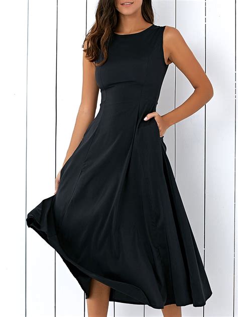 Casual Round Neck Sleeveless Loose Fitting Midi Dress For Women, BLACK ...