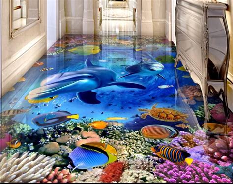 Custom 3D flooring murals underwater world dolphin 3d floor tiles waterproof self adhesive ...