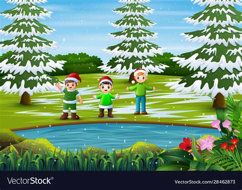 Cartoon boys playing on winter forest Royalty Free Vector