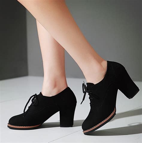 Black Suede Old School Vintage Lace Up High Heels Women Oxfords Shoes