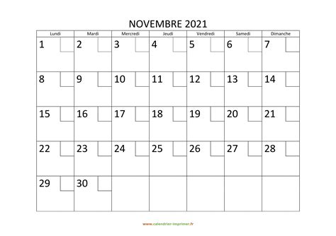 Calendrier Novembre 2021 à imprimer