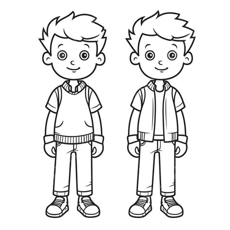 Two Boys Standing Side By Side Coloring Pages For Kids Outline Sketch ...