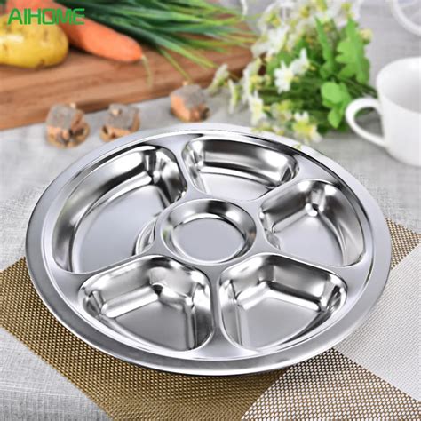 4 Sizes Stainless Steel Divided Dinner Plate Dish Round Students Lunch ...