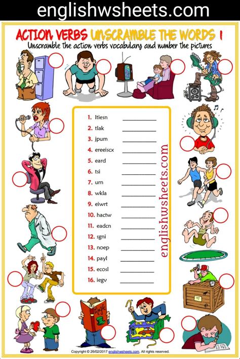 Action Verbs Esl Printable Unscramble The Words Worksheets For Kids | Verbos para niños, Rutinas ...