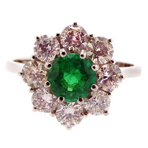 Vintage Emerald and Diamond Cluster Style Engagement Ring 18 Carat White Gold at 1stDibs ...