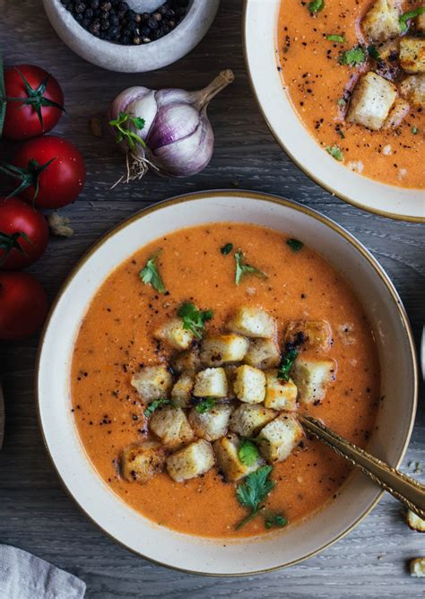 Tomato Soup with Garlic Butter Croutons - The Spice Adventuress