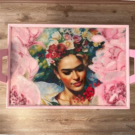 Frida Kahlo Hand-painted Pink Art Epoxy Resin Coffee Table, Modern ...