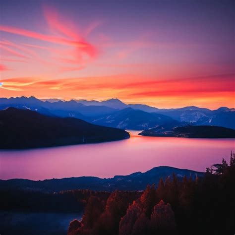 Premium AI Image | Sunrise and Mountain Lake