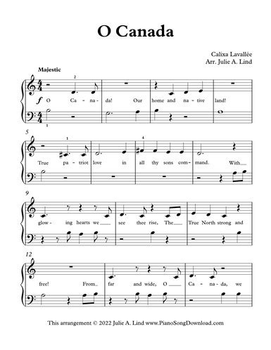 O Canada: Free easy Sheet Music for piano with lyrics