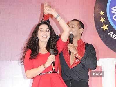 Host Preity Zinta trying a dance spin during the launch conference of Colors' Guinness World ...