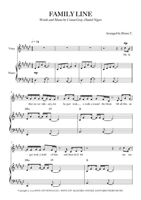 Family Line (arr. Bruna T.) by Conan Gray Sheet Music for Piano & Vocal ...