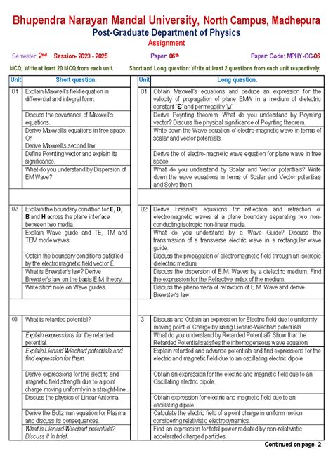 PGP CC-06 2023-2025 Assignment Electrodynamics&Plasma - Bhupendra Narayan Mandal University ...