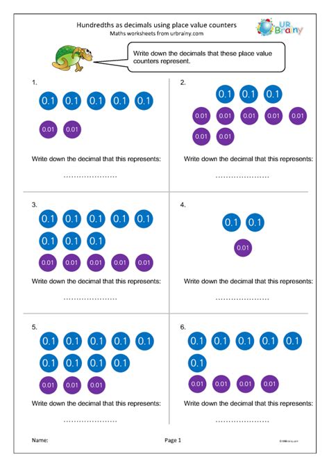 Hundredths as decimals using place value counters - Fraction and ...