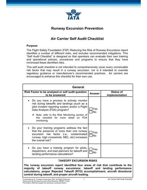 Runway Excursion Prevention Air Carrier Self Audit Checklist