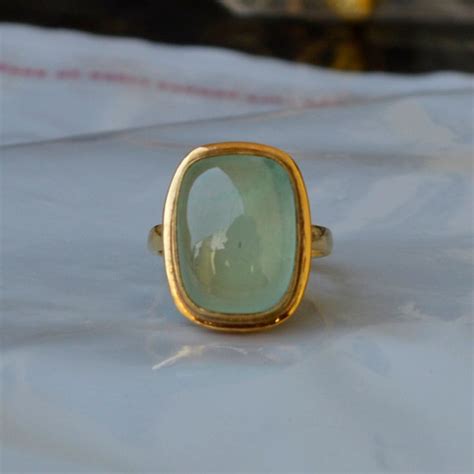 Natural Prehnite Gemstone Ring, Sterling Silver Yellow Gold Ring, Artisan Gift Ring, Statement ...