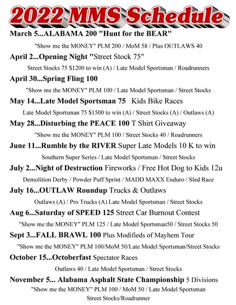 2022 Racing Schedule – Montgomery Motor Speedway