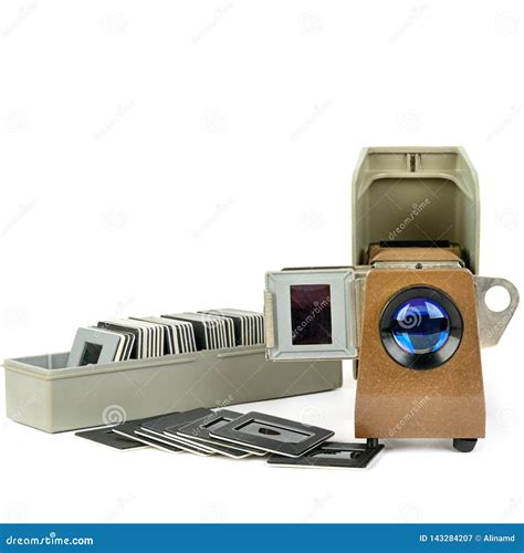 Old Slide Projector And Set Of Slides Isolated On White Background ...