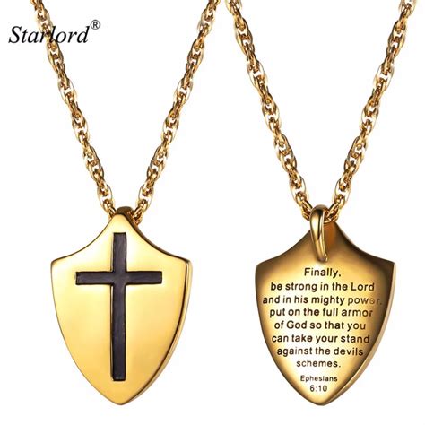 Armor Of God Shield Necklace Gold/Stainless Steel/Black Ephesians 6:10 Engraved Necklace Bible ...