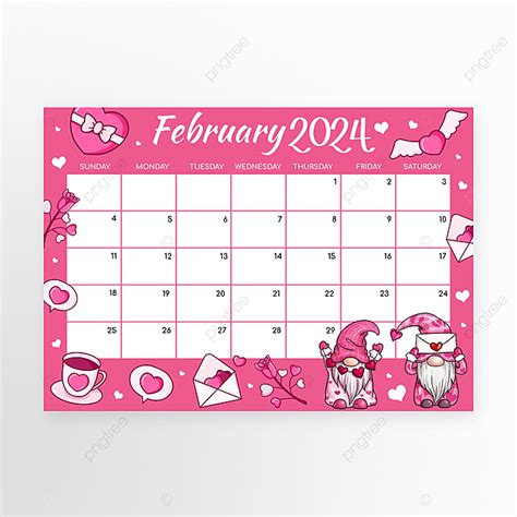 February 2024 Calendar With Love Hearts In Multicolored Cartoon Style Template Download on Pngtree