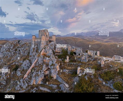 Aerial view taken by drone of Rocca Calascio castle during an autumn sunrise, National Park of ...