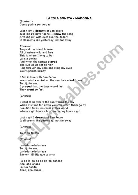 Song La Isla Bonita Past Simple - ESL worksheet by claversant