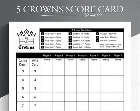 5 Crowns Score Card. 5 Crowns Printable Score Card. 5 Crowns - Etsy