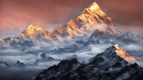 Himalayas mount Everest during a foggy sunset night, Sagarmatha ...