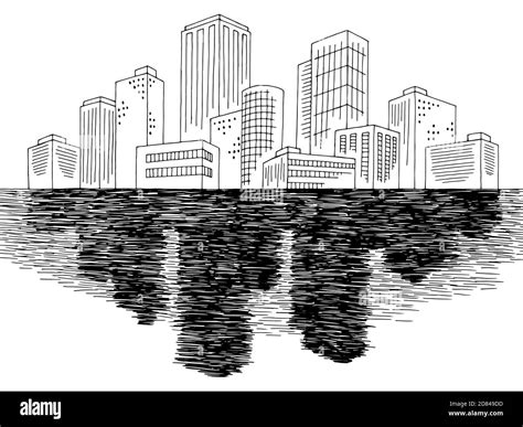 City sea graphic black white cityscape skyline sketch illustration vector Stock Vector Image ...