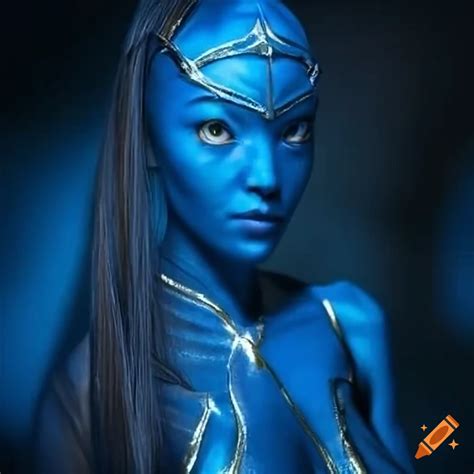 Blue avatar woman in gold outfit