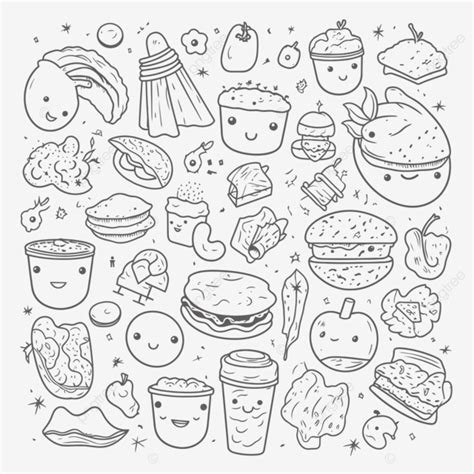 Different Foods And Doodles In Black And White Coloring Background ...