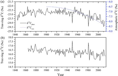 (a) Tree-ring carbon isotope ratio (δ 13 C p ) for the Pinus massoniana ...