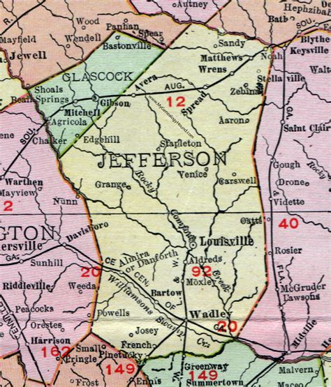 Jefferson County, Georgia, 1911, Map, Louisville, Wrens, Wadley, Avera